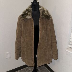 Vintage Faded Glory Corduroy Jacket Womens 1X(16W) Brown Fur Collar Long Sleeve